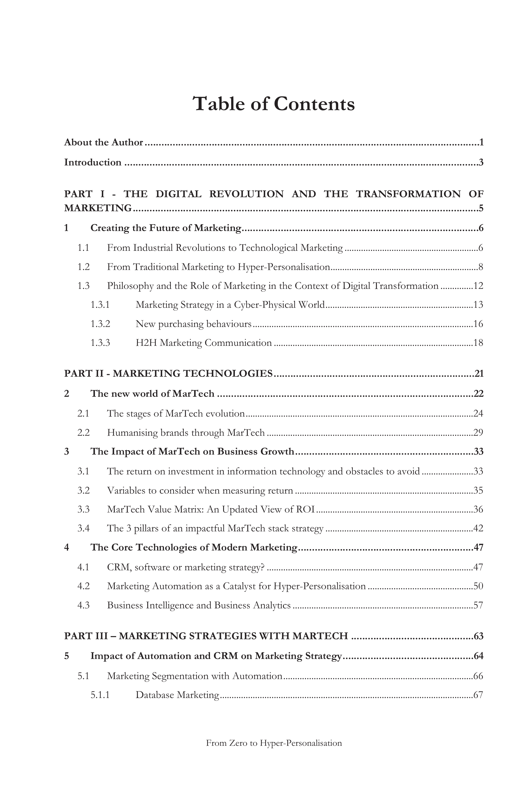 Table of contents page as printed in the book, listing Parts I to III and their chapters.